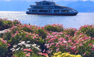 在 大理花語牧場，繽紛花海沿湖綻放，遠處洱海上遊船緩行，背後群山與藍天相映成景