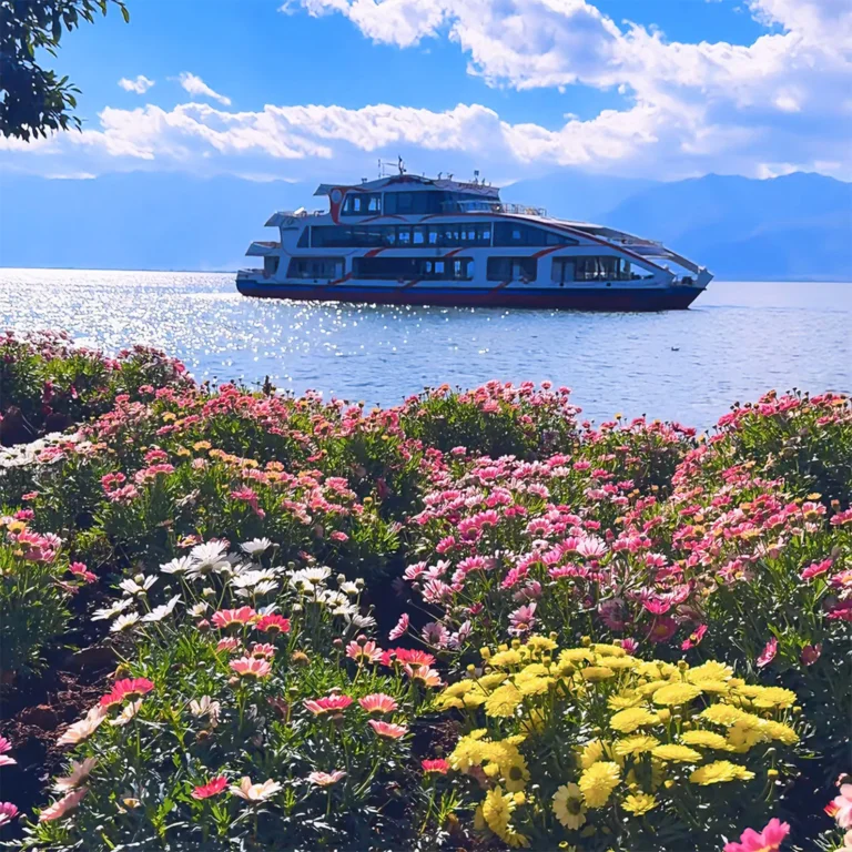 Dali Flower Language Ranch2 在 大理花語牧場,繽紛花海沿湖綻放,遠處洱海上遊船緩行,背後群山與藍天相映成景