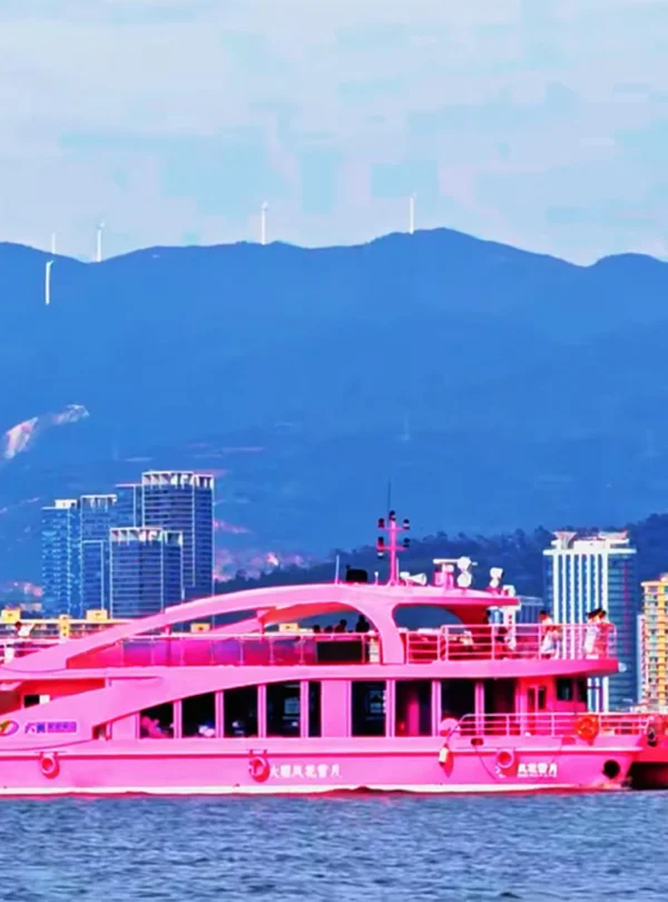在 洱海 湖面上，一艘粉色遊艇緩緩航行，背景為大理城市建築與遠山景觀。