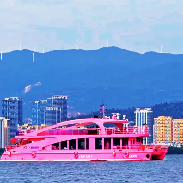Erhai Yacht 在 洱海 湖面上,一艘粉色遊艇緩緩航行,背景為大理城市建築與遠山景觀。