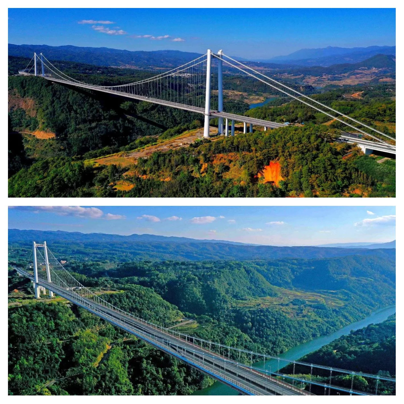 雲南龍江大橋橫跨壯麗山谷與河流，橋身為大型懸索橋設計，高聳主塔與纜索結構十分壯觀。橋下綠意山林與蜿蜒河道形成壯麗景觀，是雲南重要交通工程與知名地標，也成為旅客欣賞高山峽谷風光的熱門景點。