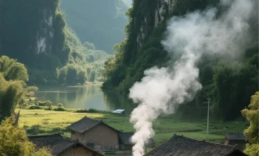 寧靜的山谷村落景觀位於 坝美村。傳統土木民居依山而建，屋頂炊煙升起，前方是田野與河流，四周被高聳喀斯特山崖與茂密森林環繞。
