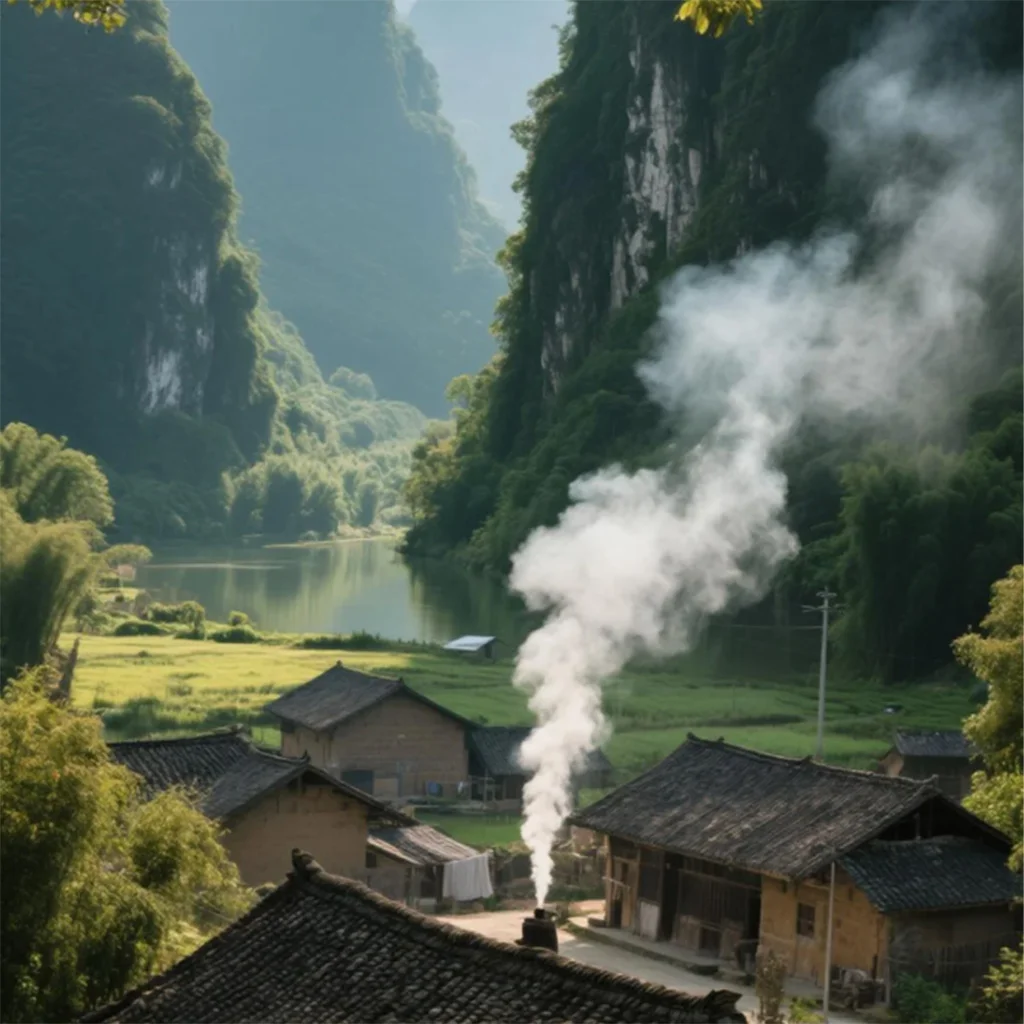 寧靜的山谷村落景觀位於 坝美村。傳統土木民居依山而建，屋頂炊煙升起，前方是田野與河流，四周被高聳喀斯特山崖與茂密森林環繞。