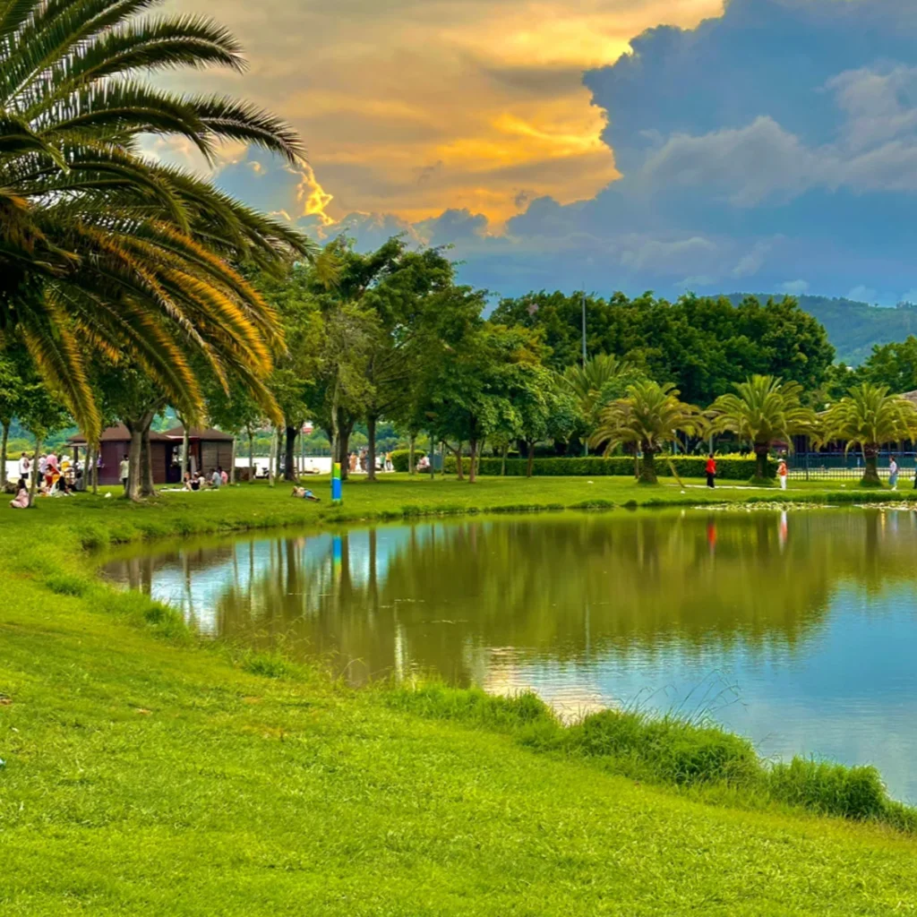 位於 弥勒湖泉生态园 的湖畔公園景色。草地與湖水相連，棕櫚樹與綠樹環繞湖岸，天空晚霞與雲層倒映在湖面上，遊客在樹蔭下休憩散步，呈現寧靜自然的生態公園景觀。