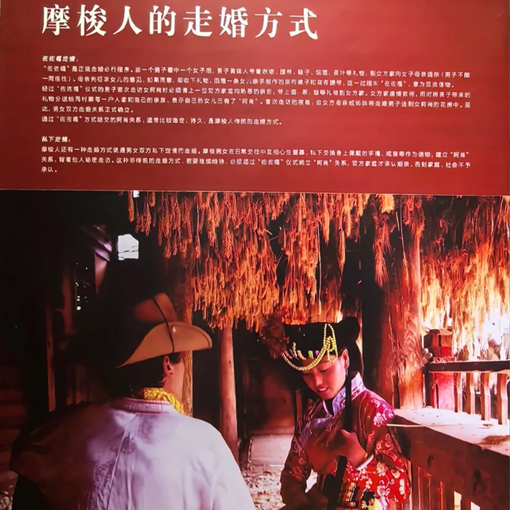 一張介紹摩梭人走婚方式的展板，上方有詳細的繁體中文說明文字，下方配有一張身著傳統服飾的摩梭男女在室內互動的紀實照片。
