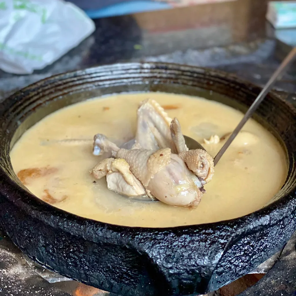 地道香格里拉尼西黑陶土鍋雞，雲南特色料理。嫩雞肉盛於濃郁奶白湯中，以傳統手工黑陶鍋慢燉而成。