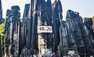 雲南昆明石林風景區巨大的劍狀喀斯特地形岩石，中央刻有紅色「石林」二字，前方有遊客參觀。