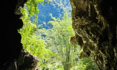 從幽暗的喀斯特溶洞內向外望去，壩美碧綠的河流與翠綠的竹林美景盡收眼底。