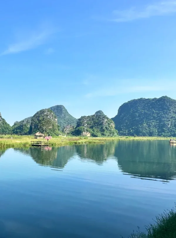 普者黑拍攝地壯麗的綠色喀斯特山丘倒映在平靜的藍色湖泊中，岸邊點綴著粉紅色的桃花樹。