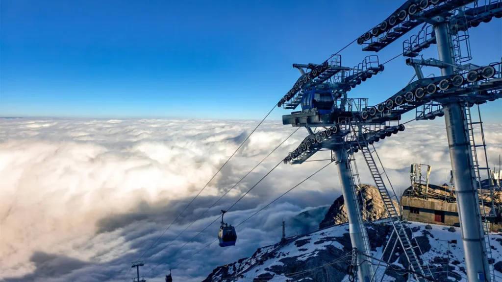 雲南麗江玉龍雪山冰川大索道，纜車飛馳於雲海之上，巨型鋼塔聳立，背景是積雪覆蓋的山巔。