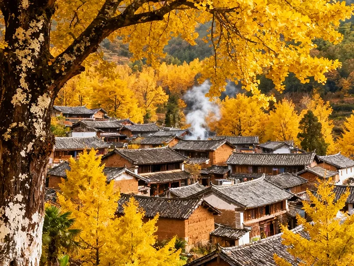 金黃色銀杏樹環繞騰衝銀杏村的傳統民居，秋日色彩覆蓋屋頂與山坡，呈現溫暖迷人的景致。