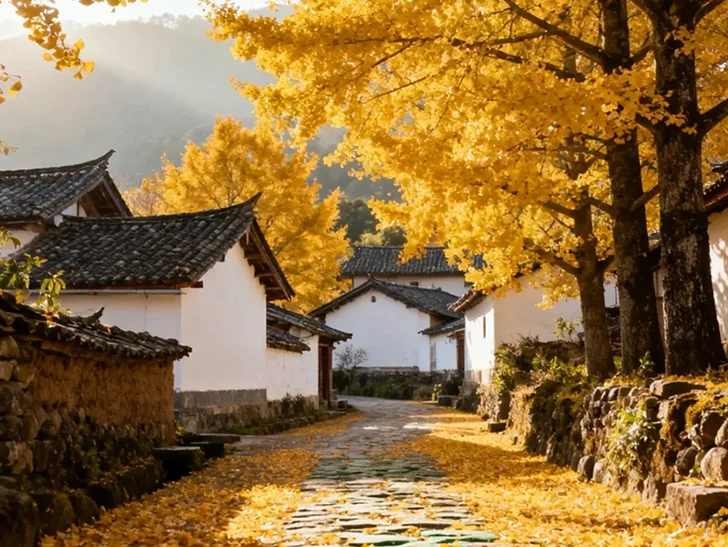 騰衝銀杏村石板小路兩旁是白牆民居與金黃銀杏樹，落葉鋪滿地面，營造寧靜優美的秋日氛圍。