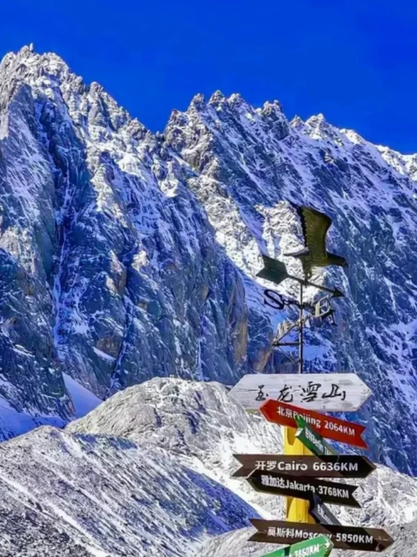 雲南麗江著名的 玉龍雪山 壯麗雪峰景觀。高聳陡峭的雪山覆蓋著白雪，在湛藍天空下顯得格外壯觀。前景是一個寫著「玉龍雪山」的方向指示牌與風向標，指向世界多個城市距離，為畫面增添旅遊地標特色，展現出這座著名雪山的雄偉與魅力。