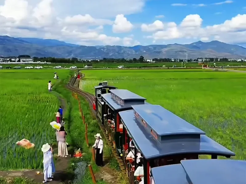 Xizhou Ancient Town Dali 大理喜洲古鎮田園小火車穿行於稻田間,遠山與鄉村景色交織。