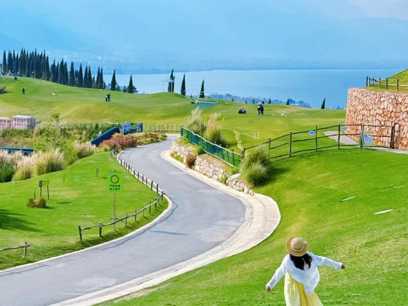 slow life in Dali rld7cjtnryyiy25evpy4eaqul1z9dg2hdsil1wrgc0 大理慢生活景觀,綠地與蜿蜒道路延伸至洱海,氛圍寧靜悠閒。