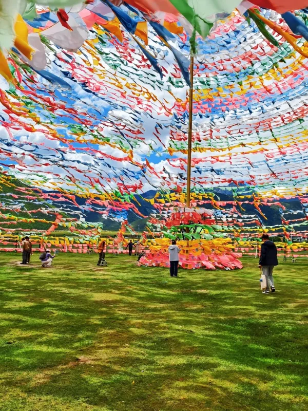 tibetan prayer flags shangri la culture experience yunnan 香格里拉草原大型經幡內部祈福文化場景